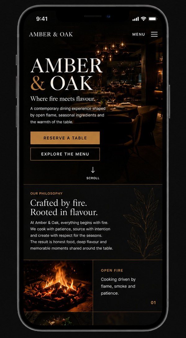 Amber and Oak concept on a phone: the home screen.