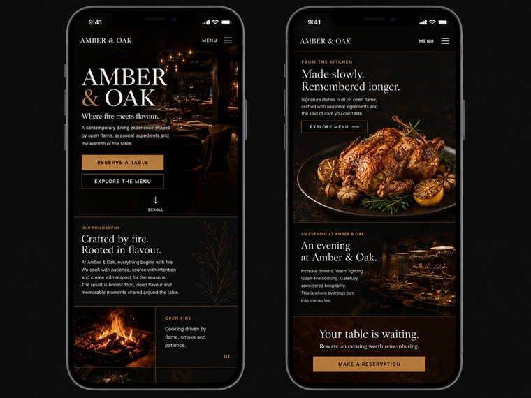The same Amber and Oak concept on two phones: the home screen with its reservation buttons, and the menu and reservation sections further down the page.