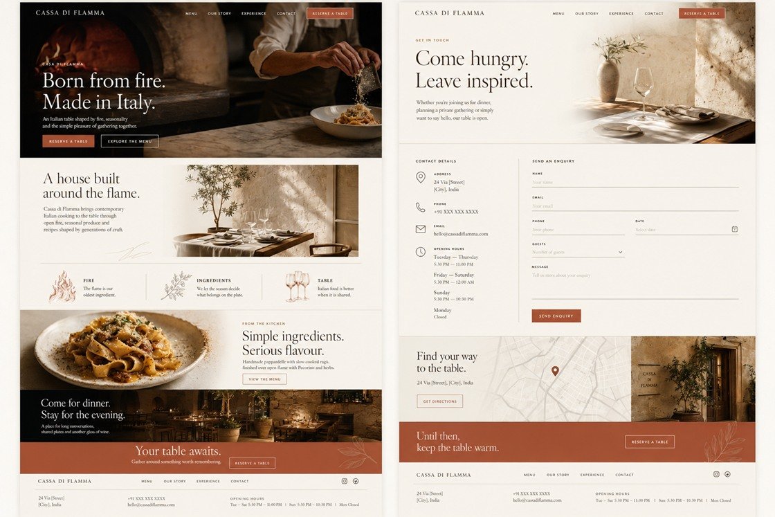 Cassa di Flamma, an Italian restaurant website design concept, on desktop: the home page and the contact page side by side on a warm cream ground, with a dark open-fire kitchen hero and a terracotta accent.