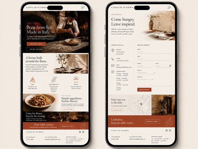 The same Cassa di Flamma concept on two phones: the home screen and the contact screen with its enquiry form.