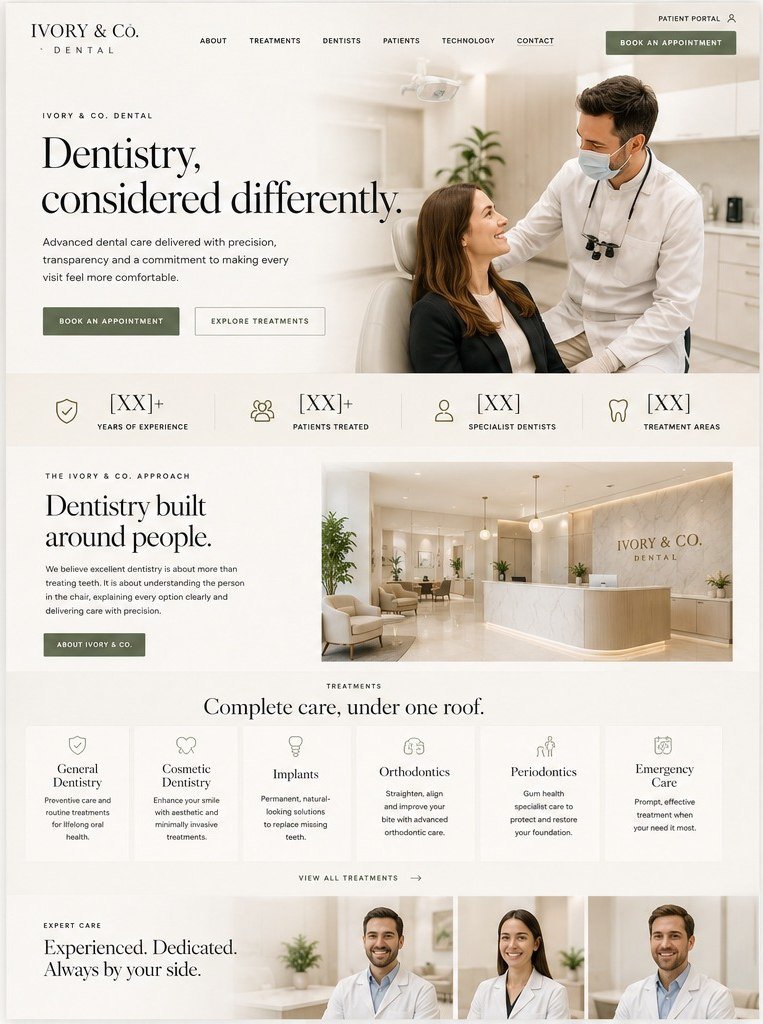 Ivory and Co. Dental concept on desktop: the home page.