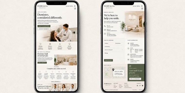 The same Ivory and Co. Dental concept on two phones: the home screen and the contact screen.