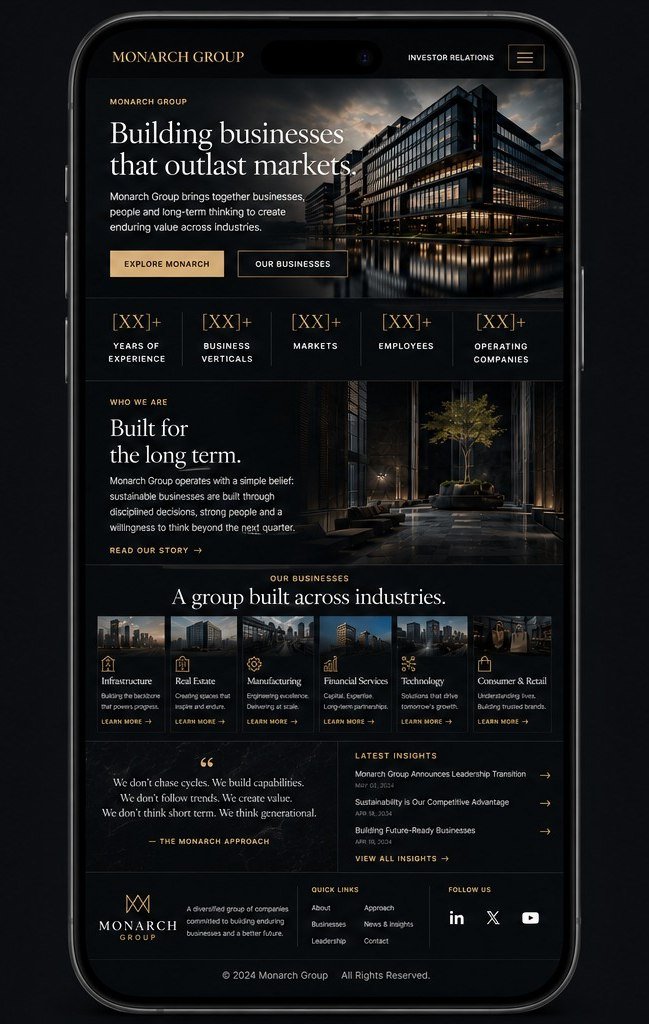 Monarch Group concept on a phone: the home screen.
