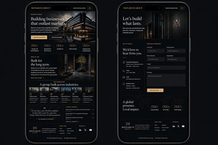 The same Monarch Group concept on two phones: the home screen with the verticals row intact, and the contact screen.