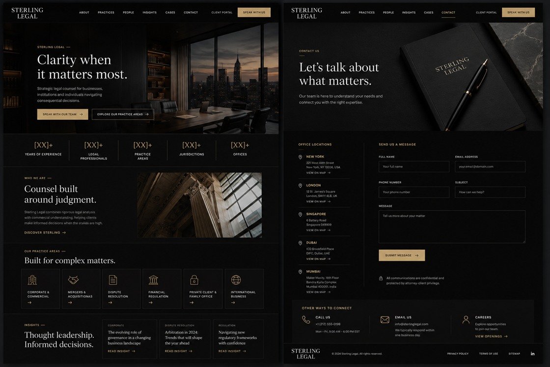 Sterling Legal, a law firm website design concept, on desktop: the home page with a figures band and six practice areas, and the contact page listing five office locations beside an enquiry form, in near-black with a brushed-gold accent.